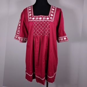 Ulla Popken Embroidered Boho Tunic Red Shirt 16/18